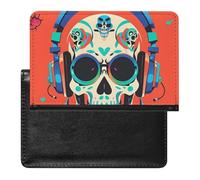Passport Cover Leather Passport Protector Monster Truck Black Sky Lightning Roar Travel Document Holder Cover Travel Essentials for Women Men, Punk Rock Earphones Skull, One Size