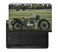 Passport Cover Leather Passport Protector Monster Truck Black Sky Lightning Roar Travel Document Holder Cover Travel Essentials for Women Men, Motorcycles on green grass, One Size