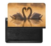 Passport Cover With Card Slots Leather Passport Holders Light Blue Petals Waterproof Passport Holder Covers Case for Travel, Two Heart-Shaped Swans, One Size