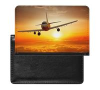 Passport Cover With Card Slots Leather Passport Holders Poppy Flowers Vivid Petals Waterproof Passport Holder Covers Case for Travel, Aircraft Plane at Sunset, One Size