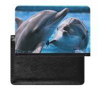 Passport Cover With Card Slots Leather Passport Holders White Labrador Waterproof Passport Holder Covers Case for Travel, Two dolphins in the water, One Size