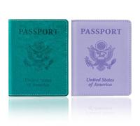 Passport Holder, 2 PCS Passport Holder for Travel, Leather Passport Covers Wallets Holders Must Haves for Women Men Family, Purple & Lake Blue