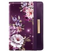 Passport Holder Cover Travel RFID Blocking Passport Cover Rose Gold Cute Flowers Passport Wallet with Elastic Band for Women, Purple Flowers, Casual