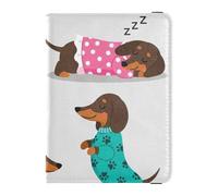 Passport Holder Cover Wallet, Cute Dachshund Dogs in Outfits Pattern, PU Leather Travel Essentials Waterproof RFID Blocking Leather Card Case for Men Women