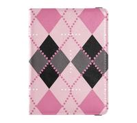Passport Holder Cover Wallet, Pink Black and Gray Argyle Pattern, PU Leather Travel Essentials Waterproof RFID Blocking Leather Card Case for Men Women