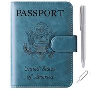 Passport Holder Cover Wallet Travel Essentials Leather Rfid Blocking Case Vacation Luggage Must Haves Travel Accessories for Men Women, 120#Blue, 0.6 x 4.4 x 5.6 inches, Upgraded