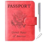 Passport Holder Cover Wallet Travel Essentials Leather Rfid Blocking Case Vacation Luggage Must Haves Travel Accessories for Men Women, 120#Red, Upgraded