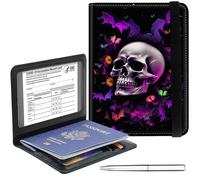Passport Holder Cover Wallet Travel Essentials RFID Blocking Case Leather Passport Cover Wallet Vaccine Card Slot Organizer for Men Women, Moon Bee, Halloween Skull, 5.6-4.2 inch