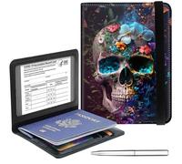 Passport Holder Cover Wallet Travel Essentials RFID Blocking Case Leather Passport Cover Wallet Vaccine Card Slot Organizer for Men Women, Moon Bee, Skulls and Flowers, 5.6-4.2 inch