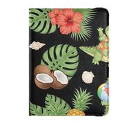 Passport Holder Cover Wallet, Tropical Crocodile Floral Pattern, PU Leather Travel Essentials Waterproof RFID Blocking Leather Card Case for Men Women