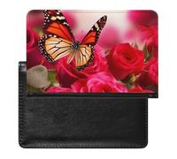 Passport Holder for Travel Passport Holder for Women Men RFID Blocking The Hole Passport Holder Travel Accessories, Red Roses And Butterflies, One Size