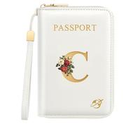 Passport Holder for Travel Personalized Initial Letter Vintage Rose Flower Passport Cover RFID Blocking Travel Wallet for Women, White, C, Vintage
