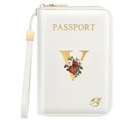 Passport Holder for Travel Personalized Initial Letter Vintage Rose Flower Passport Cover RFID Blocking Travel Wallet for Women, White, V, Vintage