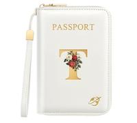 Passport Holder for Travel Personalized Initial Letter Vintage Rose Flower Passport Cover RFID Blocking Travel Wallet for Women, White, T, Vintage