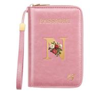 Passport Holder for Travel Personalized Initial Letter Vintage Rose Flower Passport Cover RFID Blocking Travel Wallet for Women, Pink, N, Vintage