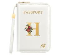 Passport Holder for Travel Personalized Initial Letter Vintage Rose Flower Passport Cover RFID Blocking Travel Wallet for Women, White, H, Vintage