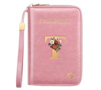 Passport Holder for Travel Personalized Initial Letter Vintage Rose Flower Passport Cover RFID Blocking Travel Wallet for Women, Pink, T, Vintage
