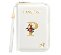 Passport Holder for Travel Personalized Initial Letter Vintage Rose Flower Passport Cover RFID Blocking Travel Wallet for Women, White, P, Vintage