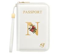 Passport Holder for Travel Personalized Initial Letter Vintage Rose Flower Passport Cover RFID Blocking Travel Wallet for Women, White, N, Vintage