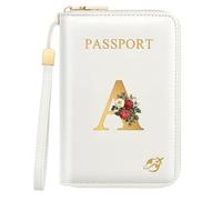 Passport Holder for Travel Personalized Passport Holder Initial Letter Rose Flower RFID Blocking Travel Wallets Credit Cards Holder for Women Men, White A