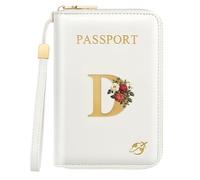 Passport Holder for Travel Personalized Passport Holder Initial Letter Rose Flower RFID Blocking Travel Wallets Credit Cards Holder for Women Men, White D