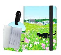 Passport Holder for Travel with Luggage Tag,RFID Blocking,3.4 * 4.7 inches,Credit Card Slots and Air Ticket Pocket,Travel Essentials for Women and Men, Black Cat Flower Grass, 3.4*4.7 IN, Black Cat