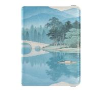 Passport Holder leather Passport Cover chinese lake mountain bridge blue