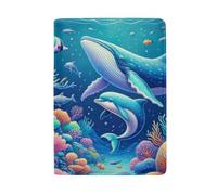 Passport Holder Men Leather Passport Holder, Cartoon Whale and Dolphin Underwater