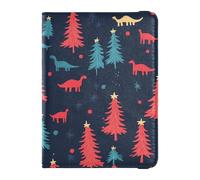 Passport Holder PU Leather Covers with Credit Card Holder Slots Colorful Dino Red Pine Trees Merry Christmas Travel RFID Blocking Leather Card Case for Women Men, 01