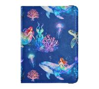Passport Holder PU Leather Covers with Credit Card Holder Slots Mermaids and Marine Life Pattern Travel Blocking Leather Card Case for Women Men