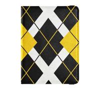 Passport Holder PU Leather Covers with Credit Card Holder Slots Yellow and Black Argyle Pattern Travel Blocking Leather Card Case for Women Men