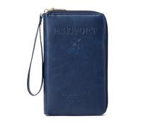 Passport Holder PU Leather Wallet for Men & Women, RFID Blocking Travel Wallet, Passport Holder Card Slots Document Organizer Wrist Strap (Dark Blue)