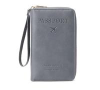 Passport Holder PU Leather Wallet for Men & Women, RFID Blocking Travel Wallet, Passport Holder Card Slots Document Organizer Wrist Strap (Dark Grey)