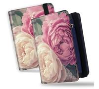Passport Holder Rfid Blocking Cover PU Leather Card Case Wallet Travel Accessories with Clear Slot for CDC Card,Slim Passport Cover for Women Men, White and Pink Beautiful Peony Flowers, Minimalist