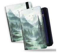 Passport Holder Rfid Blocking Cover Wallet PU Leather Card Case Travel Accessories with Clear Slot for CDC Card,Slim Passport Cover for Women Men, Mystic Forest Lake, Minimalist