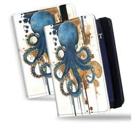 Passport Holder Rfid Blocking Cover Wallet PU Leather Card Case Travel Accessories with Clear Slot for CDC Card,Slim Passport Cover for Women Men, Blue Octopus, Minimalist