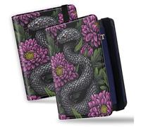 Passport Holder Rfid Blocking Cover Wallet PU Leather Card Case Travel Accessories with Clear Slot for CDC Card,Slim Passport Cover for Women Men, Black Snake and Purple Flower, Minimalist