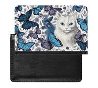 Passport Holder Travel Accessories Brown Bear Waterproof Passport Travel Wallet with Card Slots for Women Men, Blue butterfly and white cat, One Size