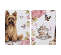 Passport Holder Travel Wallet Passport Cover Wild Seas Printed Leather Passport Holder Covers Case for Travel, Documents, Travel Gifts, Yorkshire Terrier Tea Party Butterflies Roses, 20.3x13.8cm