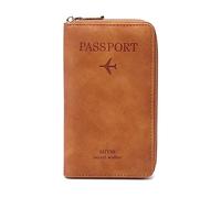 Passport Holder Wallet for Men & Women, RFID Blocking Travel Wallet, Passport Holder Card Slots Document Organizer Wrist Strap (Brown Yellow)