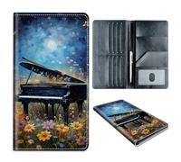 Passport Holder Wallet for Travel Family,RFID Blocking Custom PU Leather Passport Wallet Cover Case With Vaccine Card Slots for Men and Women,Gift for Girl Boy, Wildflowers Piano