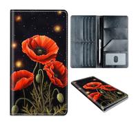 Passport Holder Wallet for Travel Family,RFID Blocking Custom PU Leather Passport Wallet Cover Case With Vaccine Card Slots for Men and Women,Gift for Girl Boy, Red Flowers