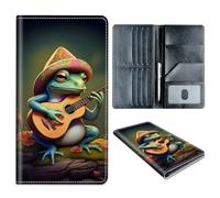 Passport Holder Wallet for Travel Family,RFID Blocking Custom PU Leather Passport Wallet Cover Case With Vaccine Card Slots for Men and Women,Gift for Girl Boy, Green Frog Playing Guitar