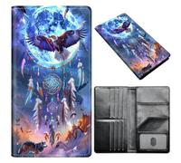 Passport Holder Wallet for Women Men, RFID Blocking Anti-theft PU Leather Portable Travel Wallet, Travel Wallet Passport Holder with Credit Card Slots Slim Travel Passport Wallet, A9, Moon Hawk Wolf