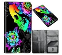 Passport Wallet,Passport Holder Women Men,Leather Travel Passport Wallet RFID Blocking Passport Holder Passport Case Compatible Wallet Credit Card Protector for Men Women, Colorful Skull Rose Flower