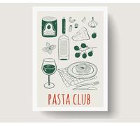 Pasta Club Kitchen Wall Art Print, A3 Size Unframed, Green and Red Design