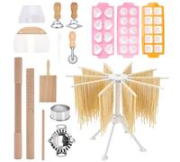 Pasta Making Kit,Pasta Maker Set 16 Piece Wooden Rolling Pin,Ravioli Cutters,Pasta Drying Rack,Complete Pasta Tools with Gnocchi Board Dumpling Mould for Fresh Pasta,Home Baking & Family Cooking