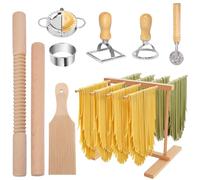 Pasta Making Tool Set, 9 PCS Wood Pasta Making Kit with Drying Rack, Roller, Gnocchi Board, Ravioli Cutter Accessories, Stamp Maker Cutter