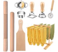 Pasta Making Tool Set, 9 PCS Wood Pasta Making Kit with Drying Rack, Roller, Gnocchi Board, Ravioli Cutter Accessories, Stamp Maker Cutter