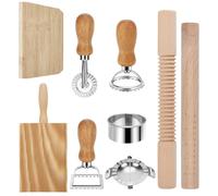 Pasta Making Tools 10 PCS, Wooden Pasta Making Kit Include Square/Round Ravioli Mould Stamp Maker Cutter, Gnocchi Board, Threaded/Plain Rolling Pins, Cutter Wheel, Dumpling Pasta Making Accessories